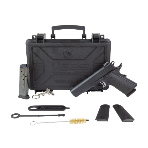 tisas 1911 carry b9, 1911, carry, 9mm, 4.25" barrel, cerakote finish, black, rubber overmolded grips, novak white dot sights, 9rd, 2 mags