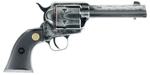 chiappa 1873 medium frame 22 lr 6 shot, 4.75" antiqued steel barrel, antiqued steel frame, antique cylinder, black plastic grip, exposed hammer