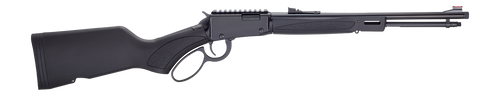 henry h1 x model 22 wmr, 1.65" threaded barrel, 1/2x28 thread pitch,rd blued, synthetic stock, black, grip, adjustable fiber optic rear sight, fiber...