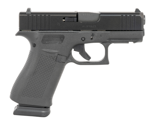 glock 43x, sub-compact, 9mm, 3.41" barrel, ndlc finish, black, front rail, no finger grooves, fixed sights, 15rd, 2 mags
