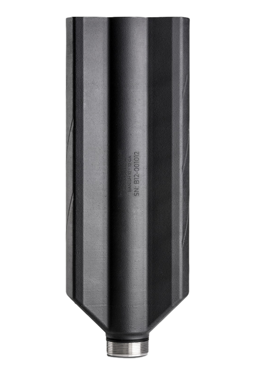 banish 12 12 gauge, 8.55" length, 3.1" wide and 2.4" tall diameter, titanium construction, cerakote black, choke mounts, includes ic, m, f choke...