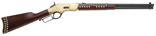 cimarron 1866 yellowboy carbine 45 colt caliber with 10+1 capacity, 19" blued barrel, brass metal finish & wood fixed with brass tacks stock