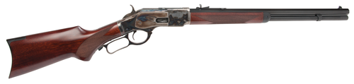 cimarron 1873 short rifle deluxe 44 spec caliber with 10+1 capacity, 20" blued barrel, color case hardened metal finish & walnut fixed pistol grip...