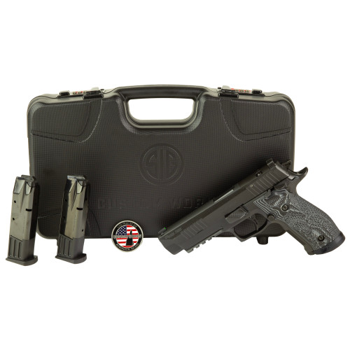 sig p226 x5 extreme 9mm, 5" barrel, nitron black, xray3, g10 grips, black-gray, custom works, 3x10rd mags