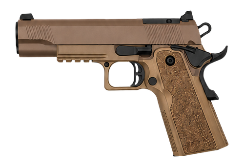tisas arms 1911 duty ds 9mm, 5" barrel, coyote brown, optic ready-serrated, flat dark earth, beavertail, picatinny rail, rmsc, 18rd
