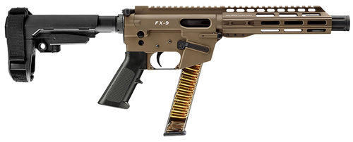 freedom ordnance fx9 9mm, 8" barrel, faux suppressor, anodized flat dark earth, sba3 brace, 31rd