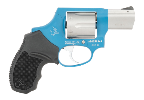 taurus 856 ultra-lite, 38 special +p, 2" barrel, sky blue, black rubber grip, concealed hammer, 6rd