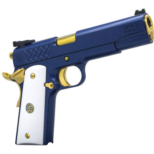 dickinson 1911 adam sapphire, 45 acp, 5" gold barrel, blue sapphire, white grip, 8rd