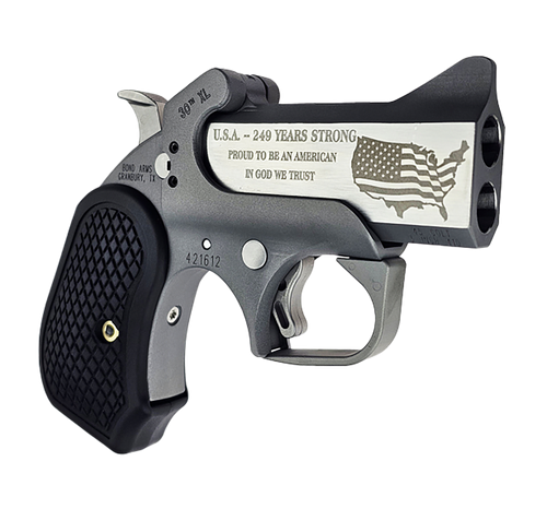 bond arms derringer 30th anniversary xl rough series, 45 colt/410 bore, 3" engraved barrel, stainless, black b6 extended grips, 2rd