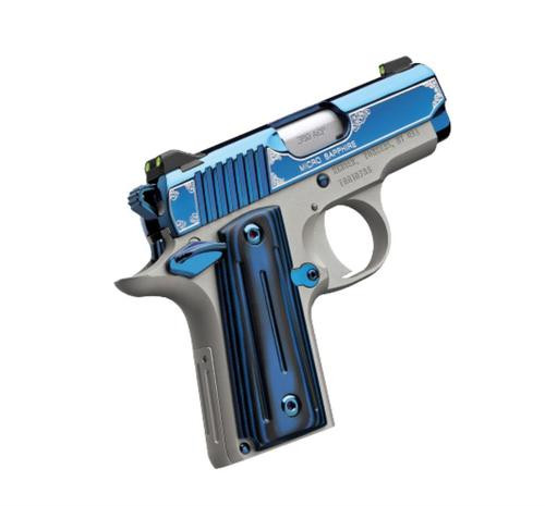 kimber mfg.,inc micro sapphire ns 380 acp 7rd 2.75" polished bright blue pvd coating cut scroll engraving and border stainless steel thin blue/black...