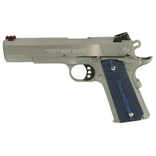colt 1911 competition ss 45 acp, 5" match barrel, novak sights, g-10 blue grips, series 70, 8rd mag
