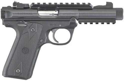 ruger mark iv 22/45 tactical 22 lr 4.40" threaded barrel, black checkered 1911-style panel grip, features top & bottom picatinny rails, 10 rd