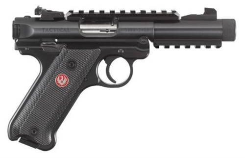 ruger mark iv tactical .22 lr 4.4" threaded barrel adjustable rear sight top/bottom picatinny rail checkered natural angle grip 10 rd
