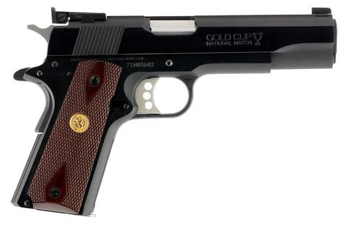 colt gold cup national match series 70 1911, 9mm, 5", 9rd, walnut, gold medallion, blued steel