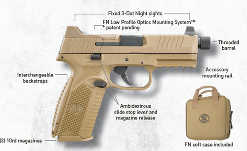 fn 509 tactical 9mm, 4.5" barrel, flat dark earth, 3 dot night sights, 2x10rd mags