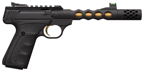 browning buck mark plus vision .22 lr, 5.8" skeletonized barrel, threaded, compensator, gold cerakote barrel, black finish, fiber optic sights, 10rd