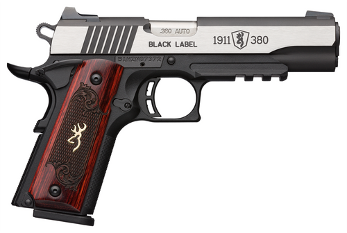 browning 1911-380 black label medallion pro 380 acp 4.25" 8+1 matte black stainless steel matte black accents slide rosewood gold buckmark inlay grip...
