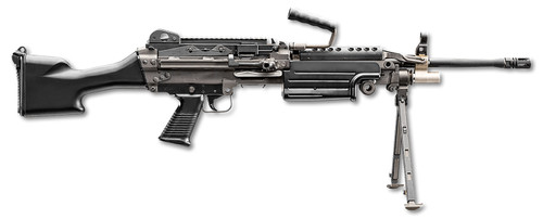 fn m249s 5.56x45mm, 18.5" barrel, belt fed/mag fed, hydraulic buffer system, bipod & carry handle, black, 30rd mag