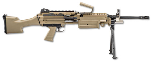 fn m249s 5.56x45mm, 18.5" barrel, belt fed/mag fed, hydraulic buffer system, bipod & carry handle, flat dark earth, 30rd mag