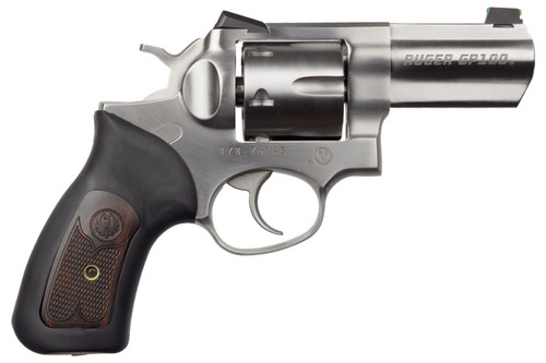 ruger gp100 wiley clapp ii 357 magnum, 3" barrel, stainless steel, rubber grip w/ wood inlay, 7rd