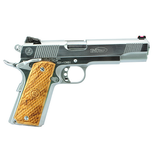 american classic trophy 1911, 45 acp, 5" barrel, chrome finish, silver, novak-style sights, manual thumb safety, 8rd