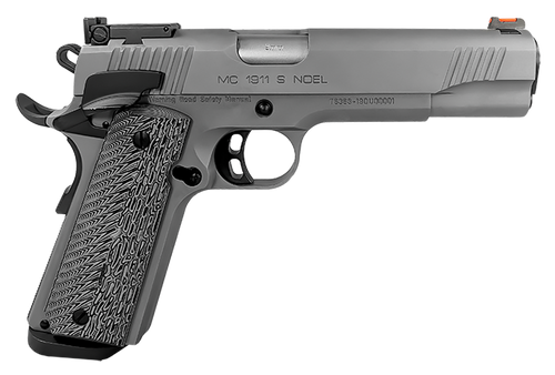 girsan mc1911 45 acp, 5" barrel, stainless steel, black/gray g10 grips, fiber optic sight, 8rd