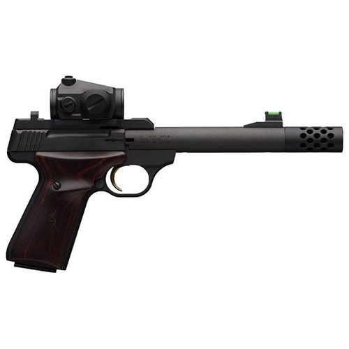 browning buck mark hunter 22 lr, 5.9" barrel, muzzle brake, laminate cocobolo grip, vortex red dot, 10rd