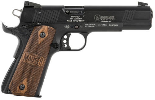 mauser rimfire 1911 22 lr, 5" barrel, adjustable sights, stippled walnut grip, 10rd