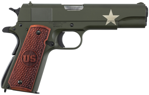 auto-ordnance 1911 tanker 45 acp, 5" barrel, olive drab green with sherman tank star, checkered us engraved wood grip, 7rd