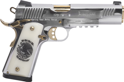 girsan regard liberador ii 1911 45 acp 5" gold plated pvd barrel, polished stainless steel serrated slide, gold controls w/picatinny rail &...